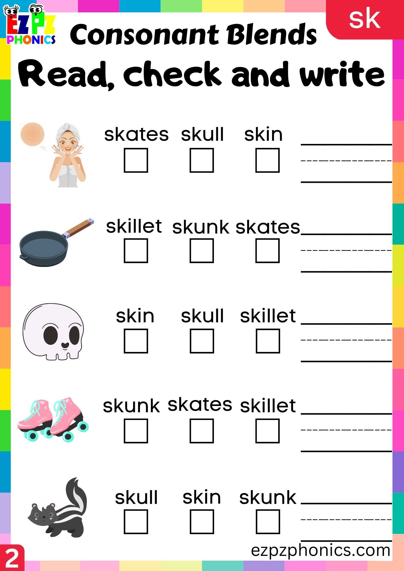 Group2 SK Words Read, Check And Write Phonics Consonant Blends Worksheet